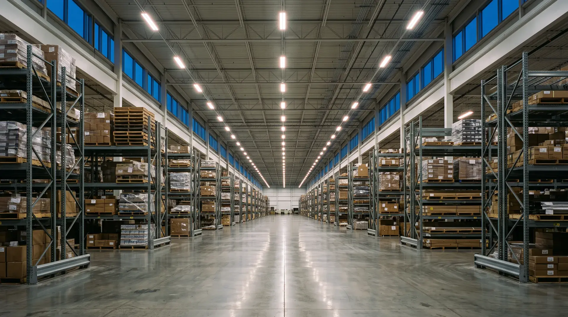 Warehouse aisle lit by Zara LED linear high bay fixtures