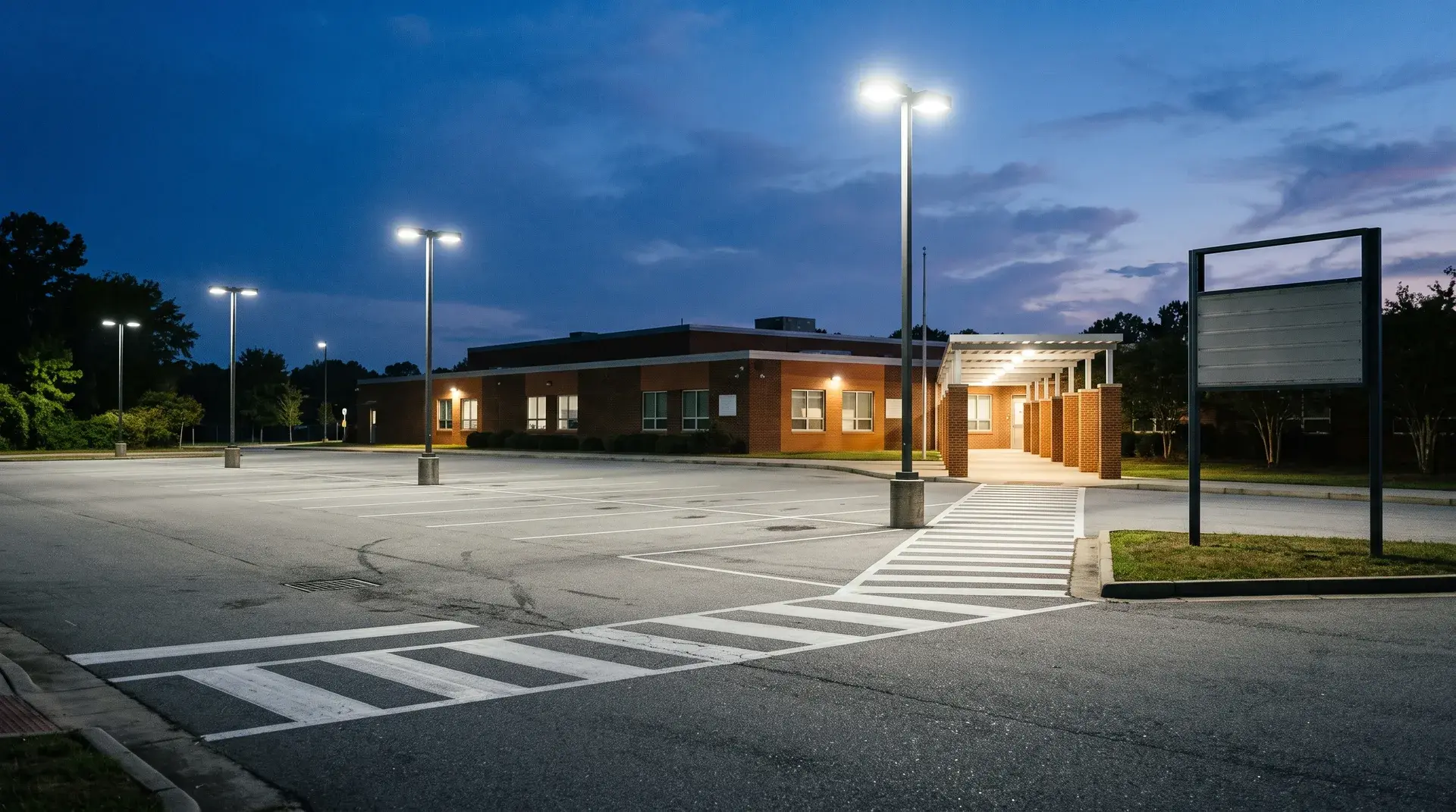 School parking lot under pole lighting