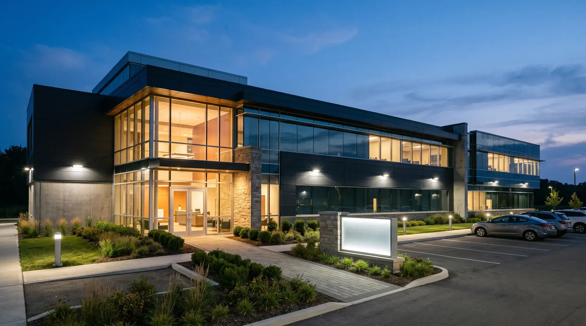 Corporate facility exterior at dusk